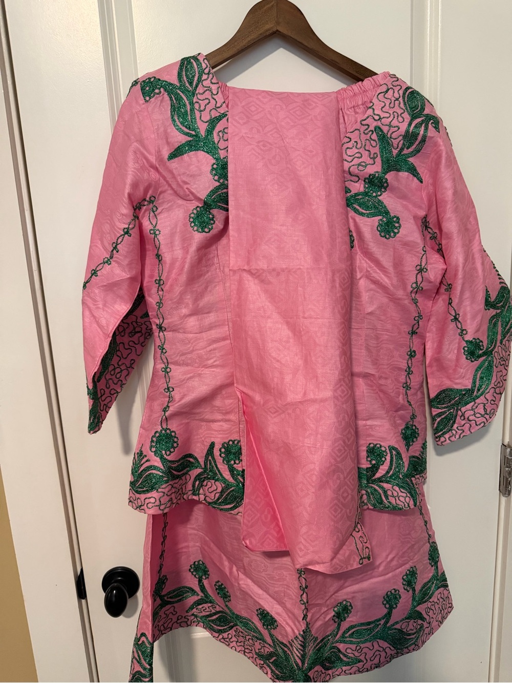 Pink and Green Embroidered Two-Piece Top/Skirt Set. Authentic African Attire - Picture 5 of 5